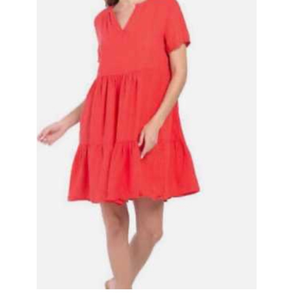 Giusy Women’s Dress Red 100% Linen Tiered Short Sleeve Shift, size XL